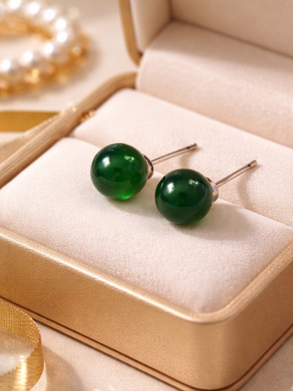 Natural Jadeite Stud Earrings 8.3mm | Deep Green Jade Minimalist Luxury Jewelry